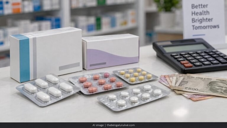 AI representational image of medicine packs, calculator and rupee notes illustrating cancer medicine costs