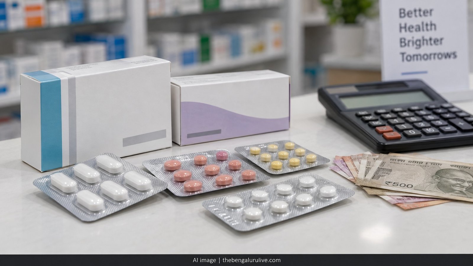 AI representational image of medicine packs, calculator and rupee notes illustrating cancer medicine costs