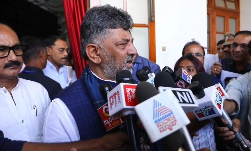 D K Shivakumar speaking to reporters at Vidhana Soudha.