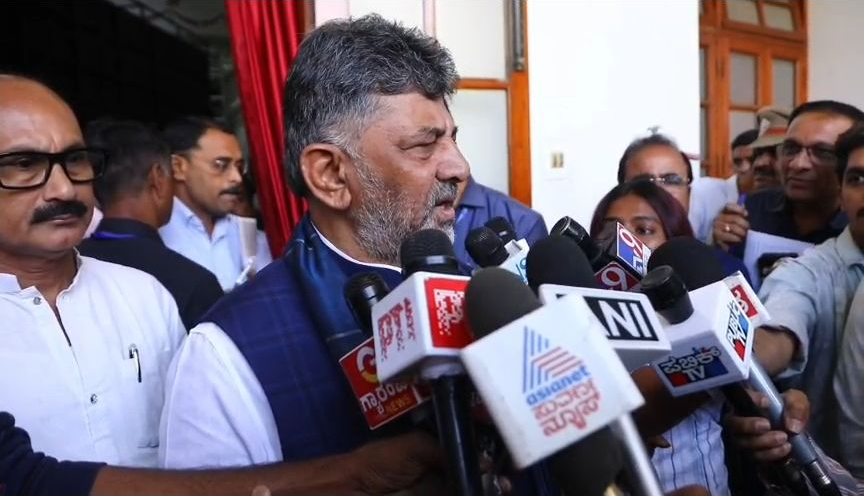 D K Shivakumar speaking to reporters at Vidhana Soudha.