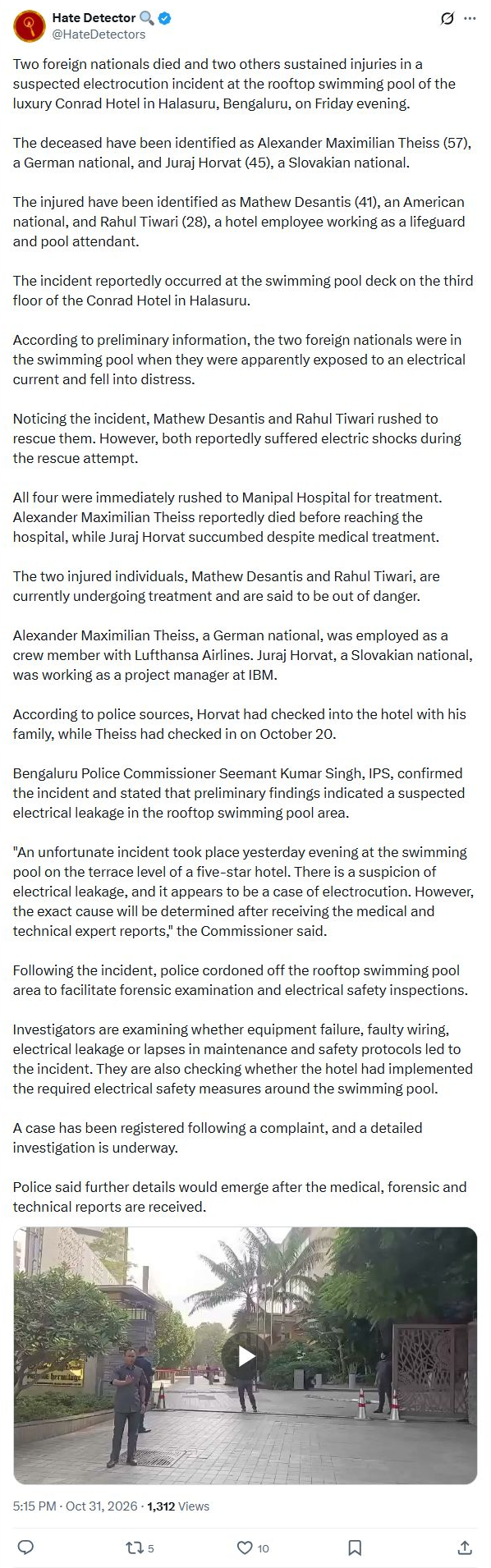 Conrad Hotel pool incident: two foreign nationals dead, cause under investigation 2 Complete original report on the Bengaluru hotel swimming pool incident