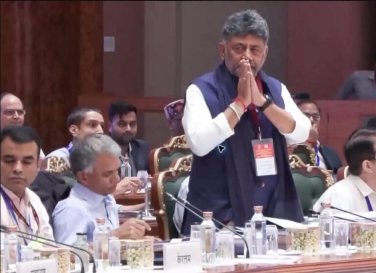 D.K. Shivakumar with folded hands at the GST Council meeting in New Delhi