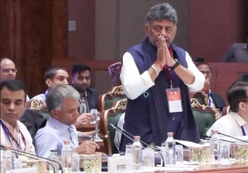 D.K. Shivakumar with folded hands at the GST Council meeting in New Delhi