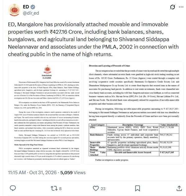ED provisionally attaches ₹427.16 crore in assets in Belagavi investment case 2 ED original post announcing provisional attachment in the Belagavi investment case