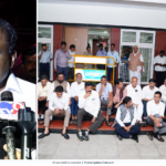 H.D. Kumaraswamy speaking to reporters alongside a separate photograph of D.K. Shivakumar’s dharna at the Chief Electoral Officer’s office.