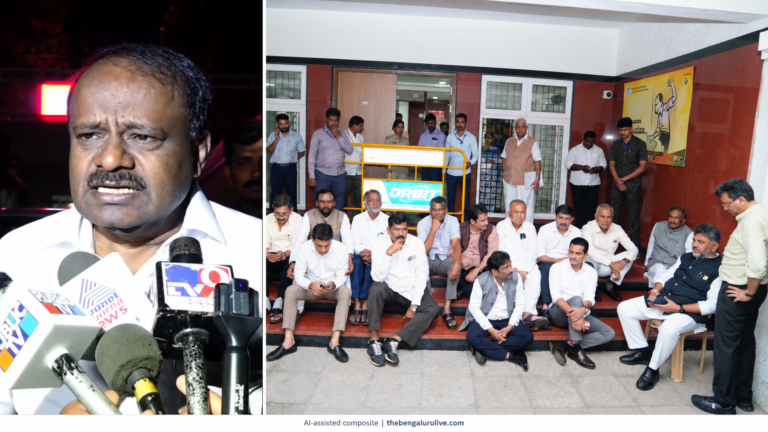 H.D. Kumaraswamy speaking to reporters alongside a separate photograph of D.K. Shivakumar’s dharna at the Chief Electoral Officer’s office.