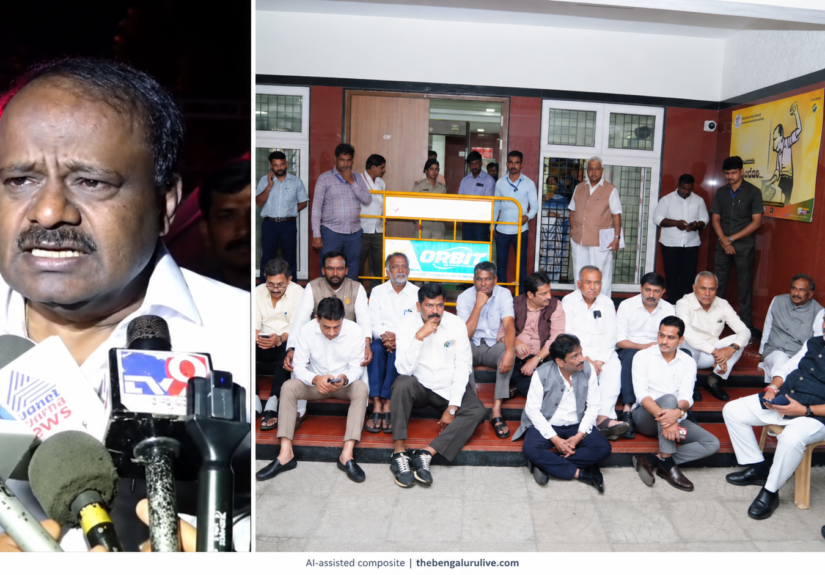 H.D. Kumaraswamy speaking to reporters alongside a separate photograph of D.K. Shivakumar’s dharna at the Chief Electoral Officer’s office.