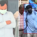 Side-by-side collage of two supplied screenshots showing masked men accompanied by others