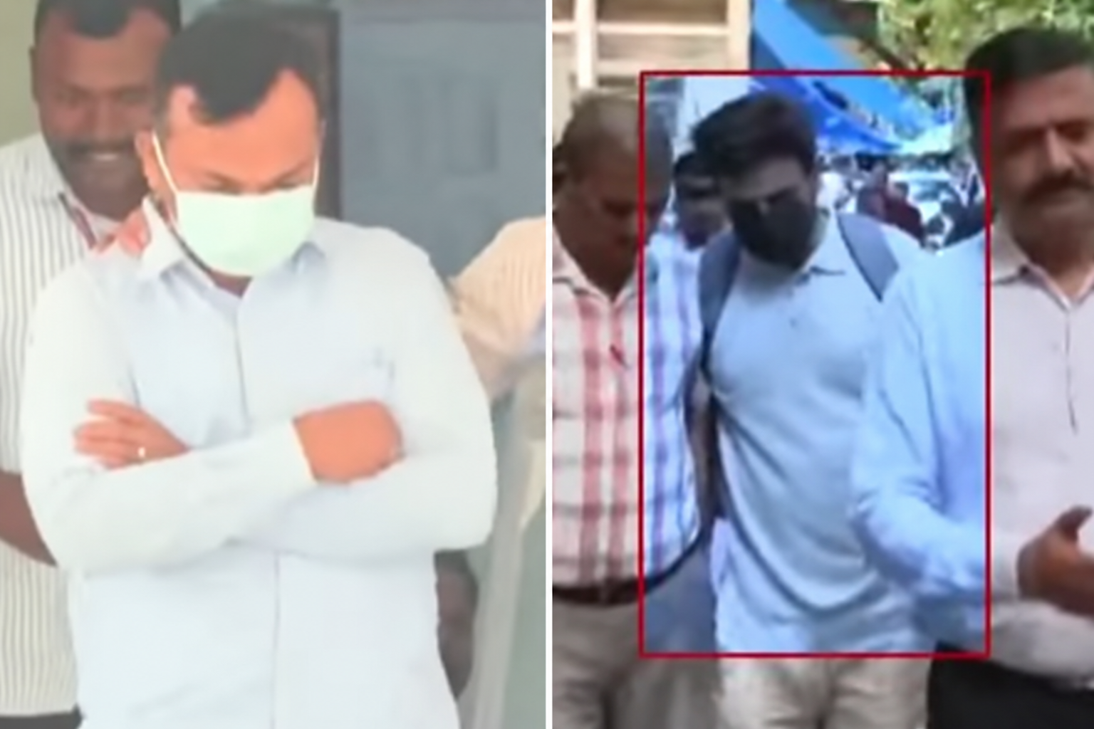 Side-by-side collage of two supplied screenshots showing masked men accompanied by others
