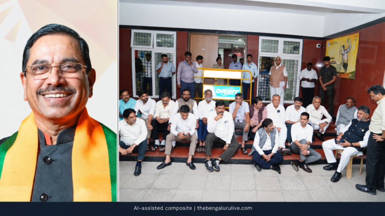 Editorial composite of Pralhad Joshi’s portrait and DK Shivakumar’s dharna at the CEO office in Bengaluru