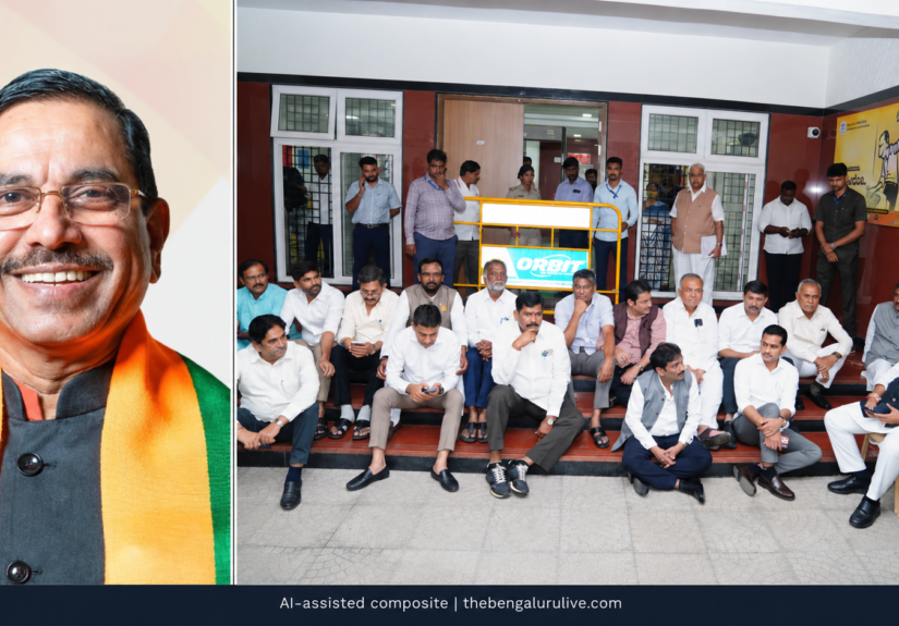 Editorial composite of Pralhad Joshi’s portrait and DK Shivakumar’s dharna at the CEO office in Bengaluru