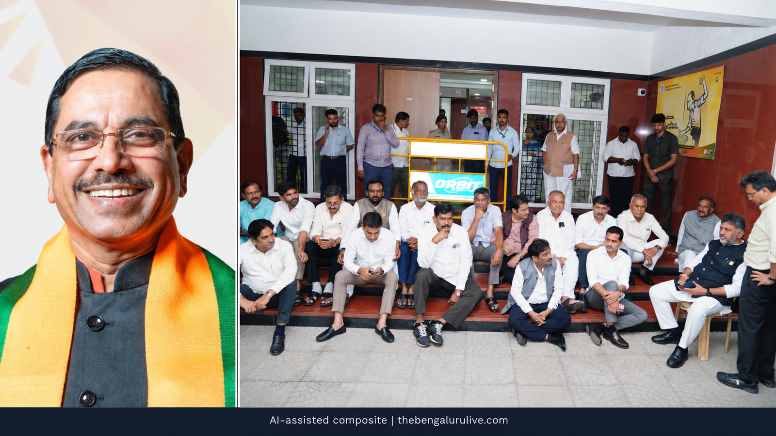 Editorial composite of Pralhad Joshi’s portrait and DK Shivakumar’s dharna at the CEO office in Bengaluru