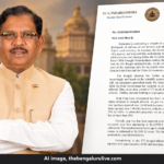 AI editorial composite of G. Parameshwara and his letter to Amit Shah seeking Karnataka drought relief