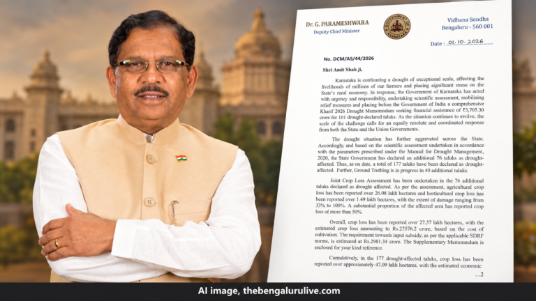 AI editorial composite of G. Parameshwara and his letter to Amit Shah seeking Karnataka drought relief