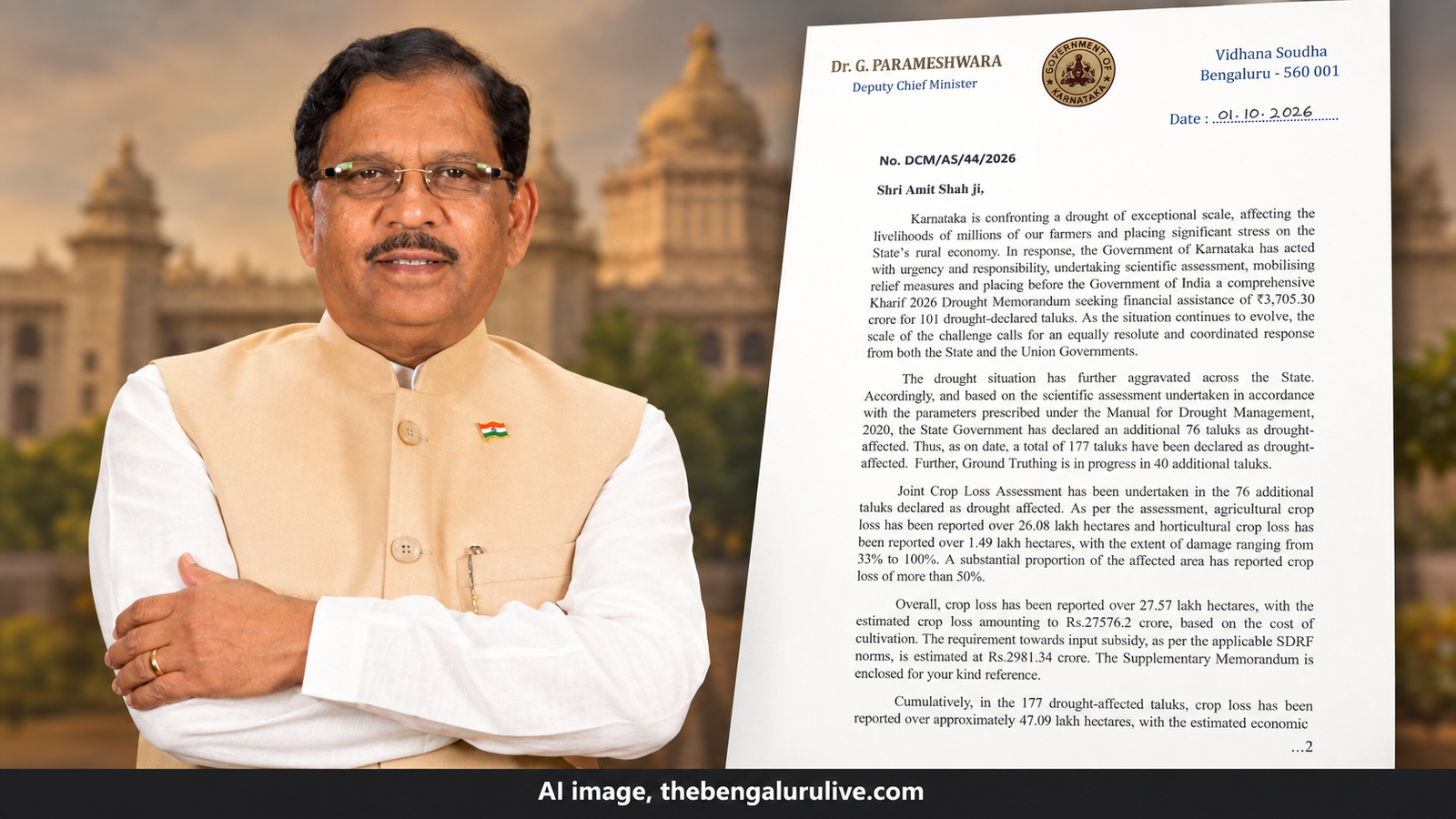 AI editorial composite of G. Parameshwara and his letter to Amit Shah seeking Karnataka drought relief