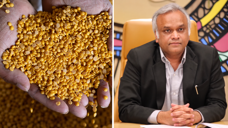 Arhar dal on the left and Priyank Kharge seated at a desk in a file photograph on the right