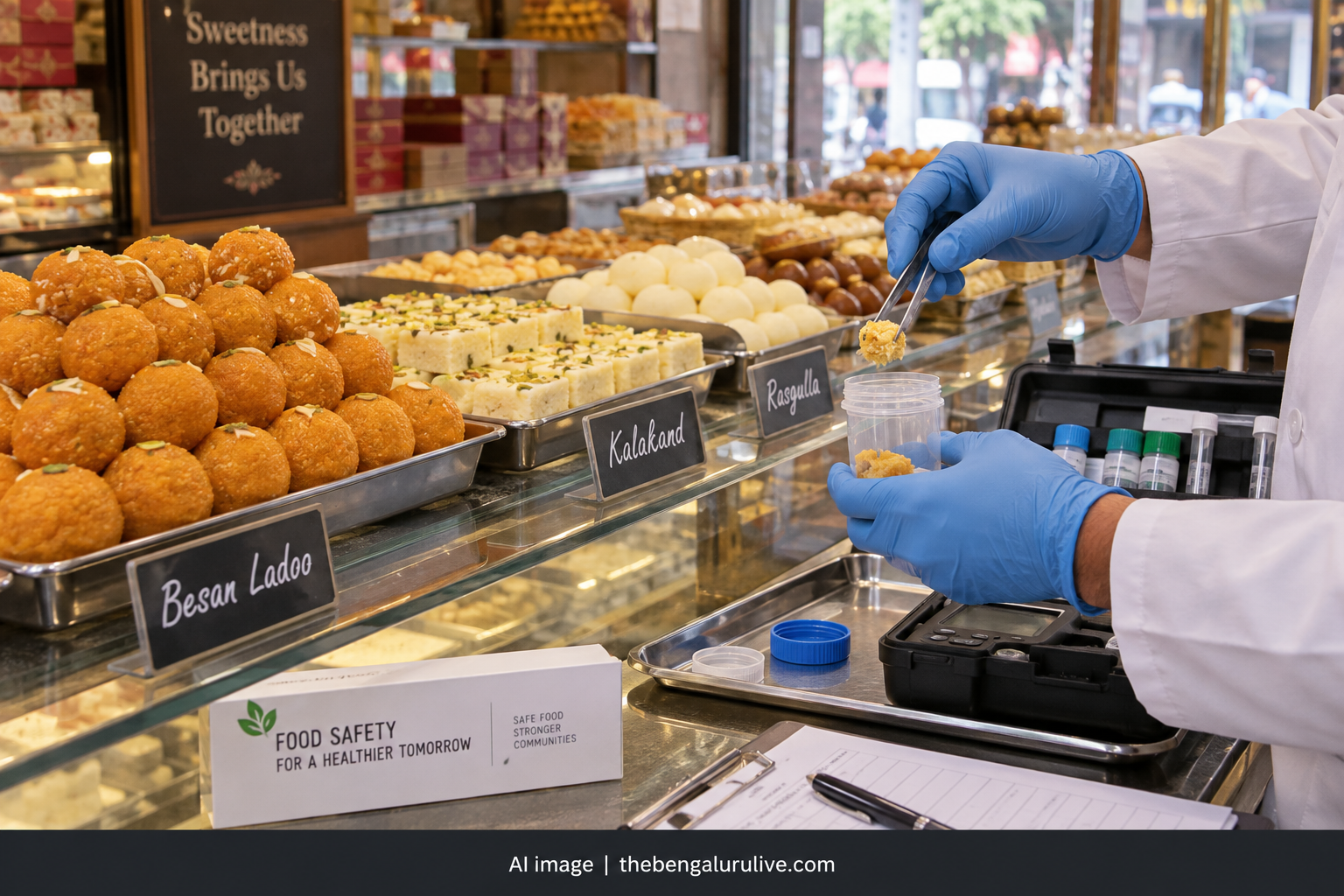 AI representational image of food sampling at an Indian sweet shop