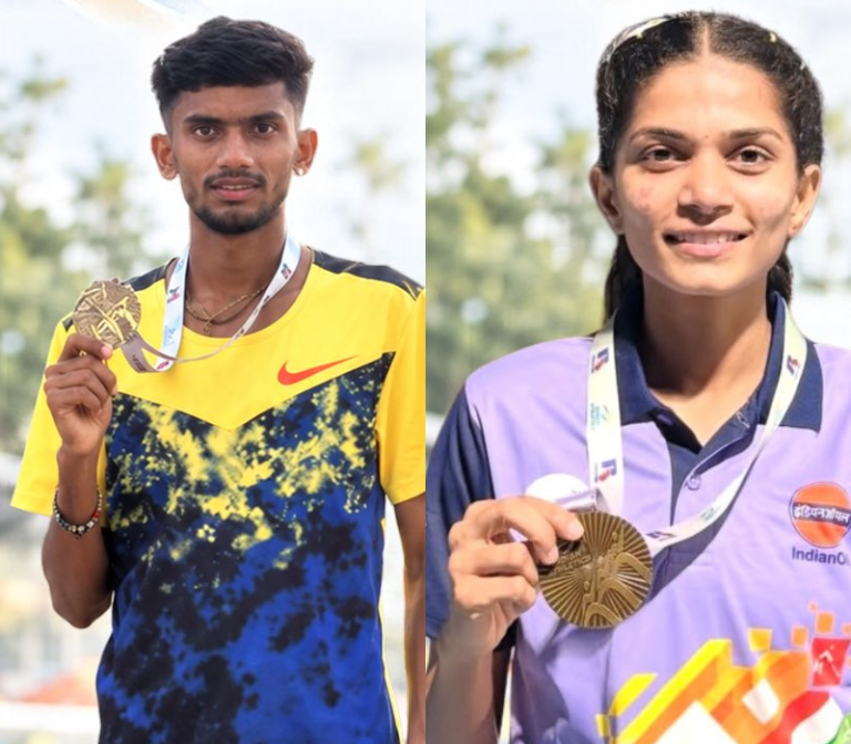 Gaurav Bhaskar Bhosale and Prachi Ankush Devkar holding medals, cropped from SAI Bengaluru graphics