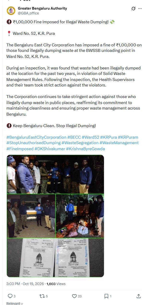 Bengaluru East Corporation Imposes ₹1 Lakh Fine for Illegal Waste Dumping in KR Pura 2 Complete GBA post dated October 19, 2026, at 3:03 PM on the KR Pura illegal waste dumping fine
