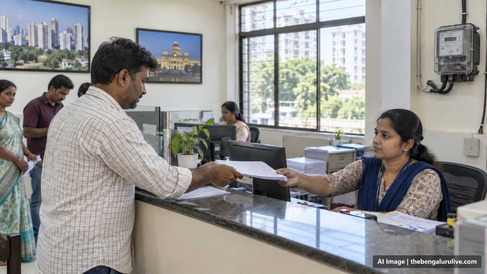 AI-generated representational image of a Gruha Jyothi consumer submitting documents at an electricity sub-division office