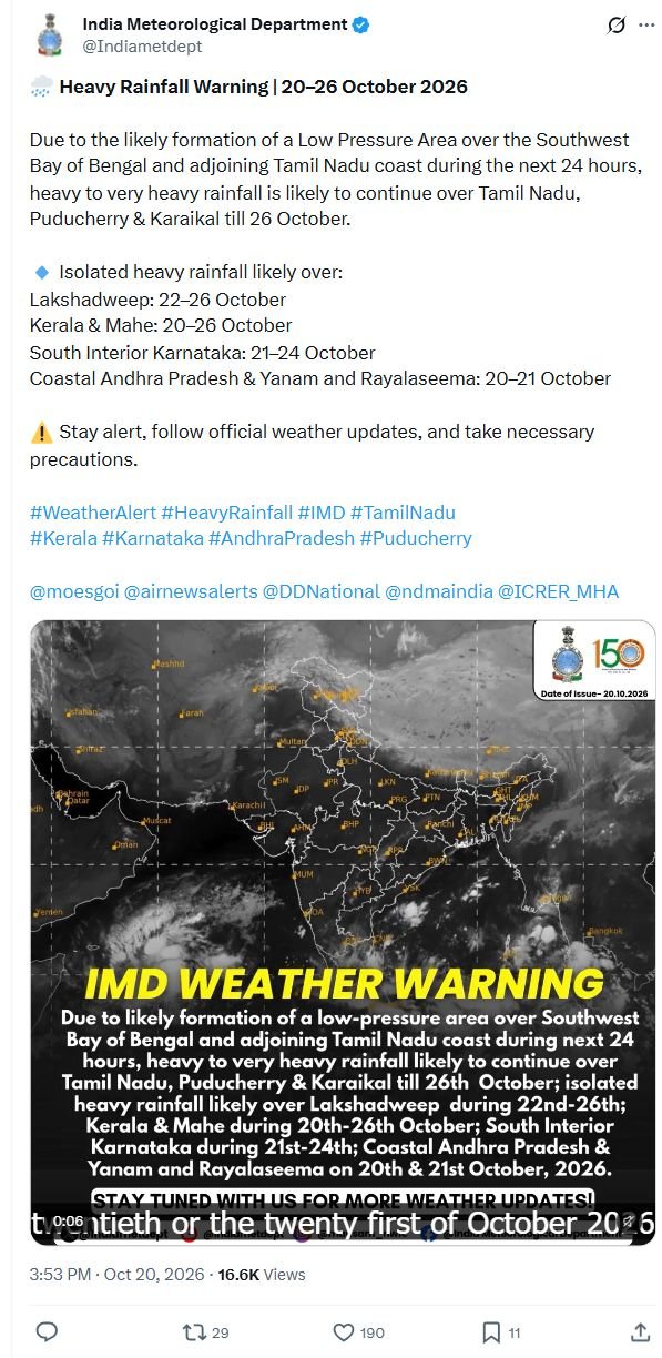 IMD Forecasts Isolated Heavy Rain in South Interior Karnataka From October 21 to 24 2 Complete IMD post forecasting isolated heavy rain in South Interior Karnataka from October 21 to 24, 2026