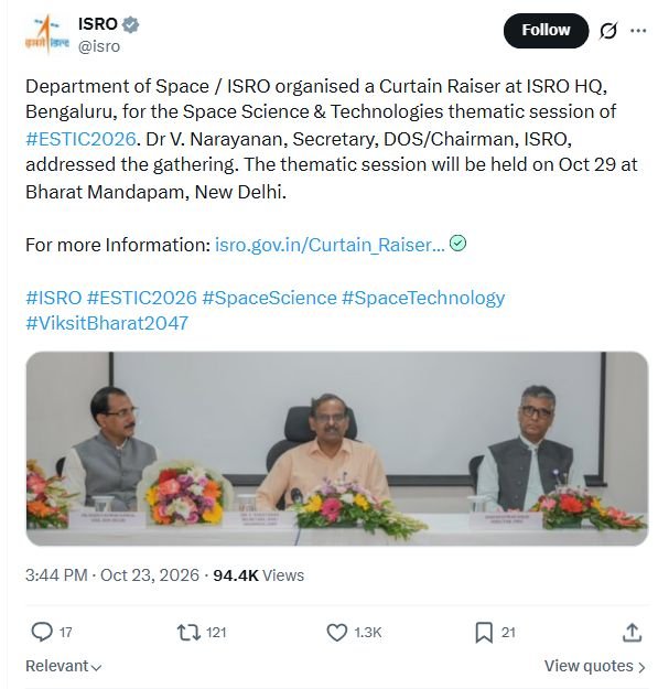 Complete ISRO original ESTIC 2026 post, October 23, 2026