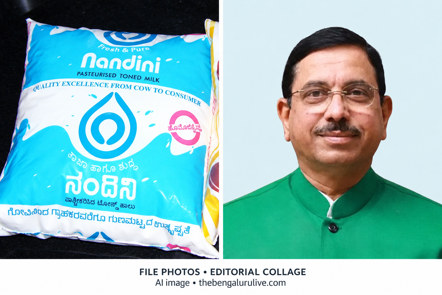 AI-assisted file-photo collage of a Nandini toned-milk packet and Pralhad Joshi