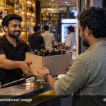 AI-generated representational image of an adult customer receiving beer bottles at a liquor retail shop