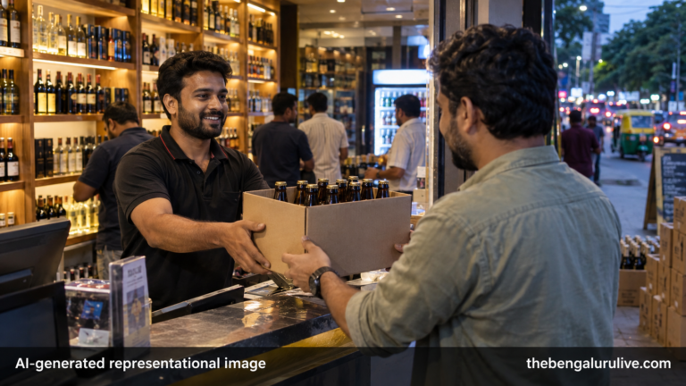 AI-generated representational image of an adult customer receiving beer bottles at a liquor retail shop