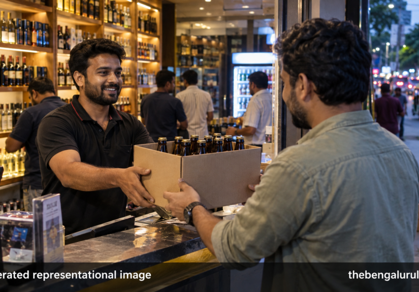 AI-generated representational image of an adult customer receiving beer bottles at a liquor retail shop