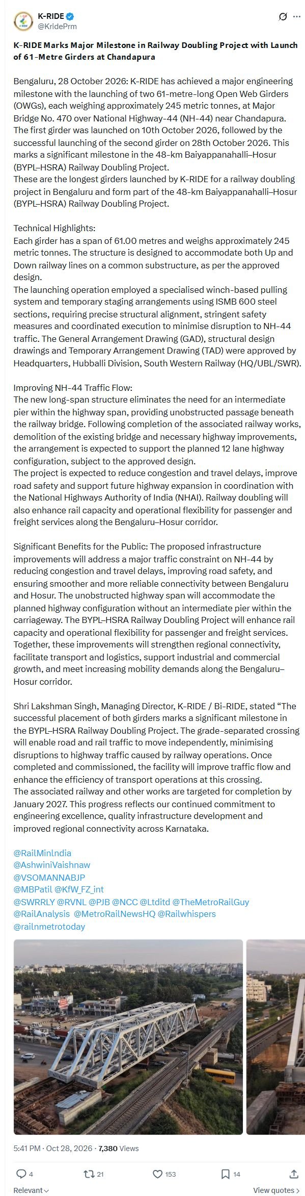 Complete K-RIDE update on the Chandapura railway bridge, October 28, 2026