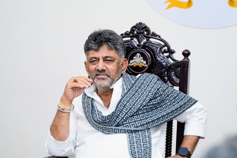 Karnataka Chief Minister D K Shivakumar seated for a portrait.