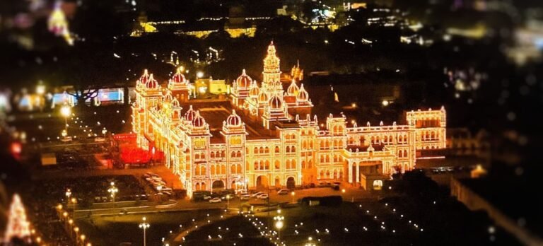Mysuru Palace illuminated at night in the image used for the Dasara lighting extension announcement