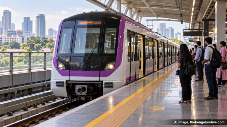 AI-generated representational image of a purple-and-white metro train at a station platform; not a photograph of the reported incident.