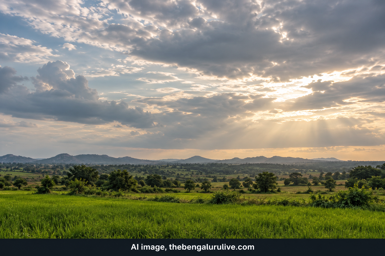 AI-generated representation of a cloudy sky over a rural landscape