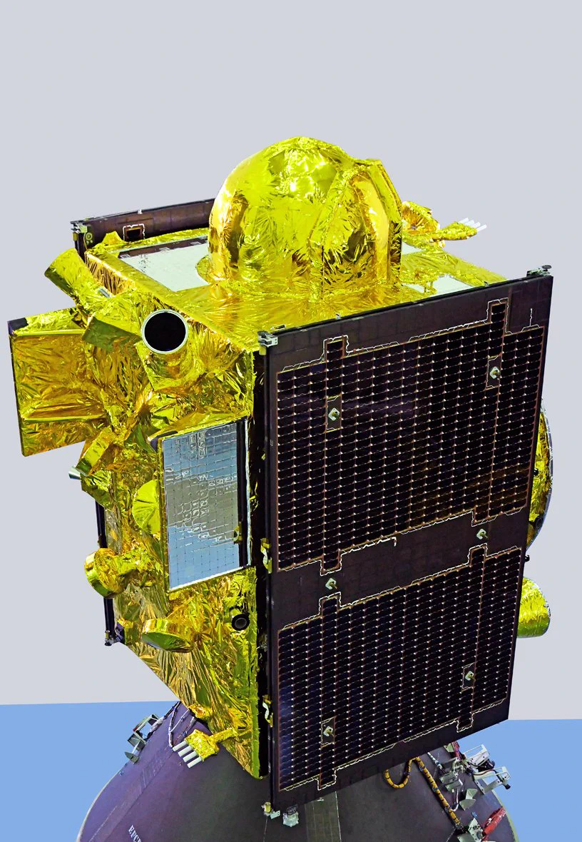 NVS-03 navigation satellite with gold thermal covering and a dark solar panel