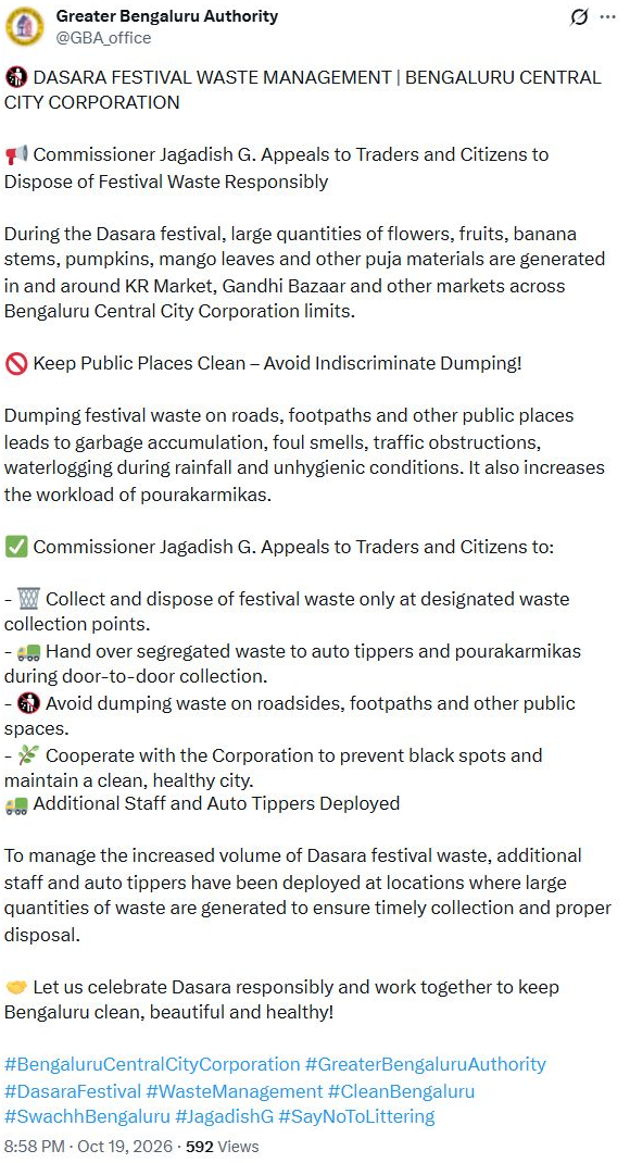 Greater Bengaluru Authority’s complete Dasara waste-management post and original timestamp