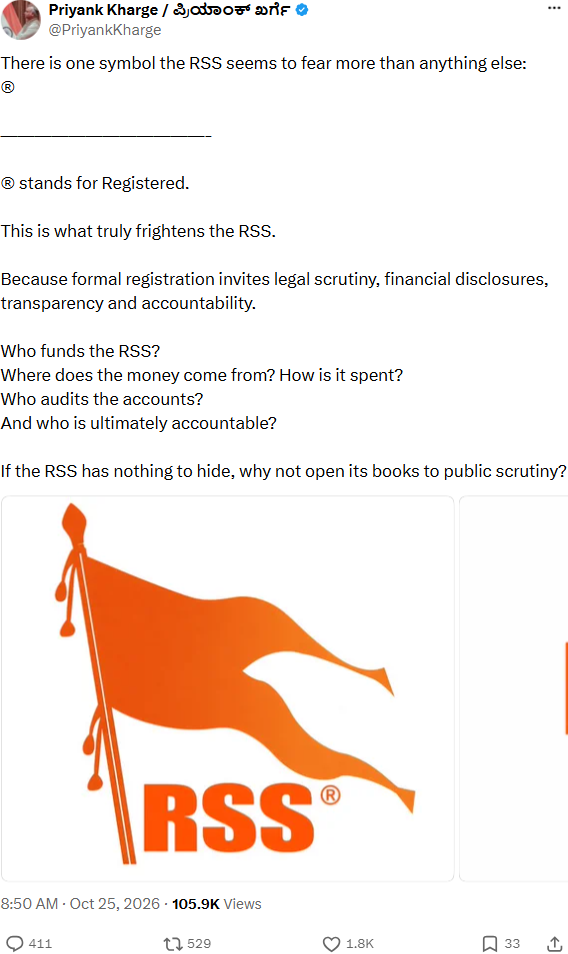 Priyank Kharge’s original X post on RSS funding and accountability, 25 October 2026