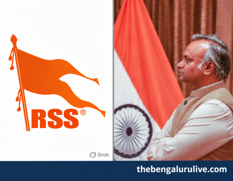 Collage with the RSS saffron-flag graphic on the left and Priyank Kharge’s profile photograph on the right.