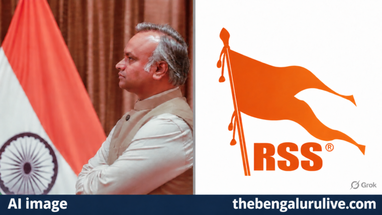 AI-assisted editorial composite of Priyank Kharge’s profile photograph and an RSS saffron-flag graphic from his X post.