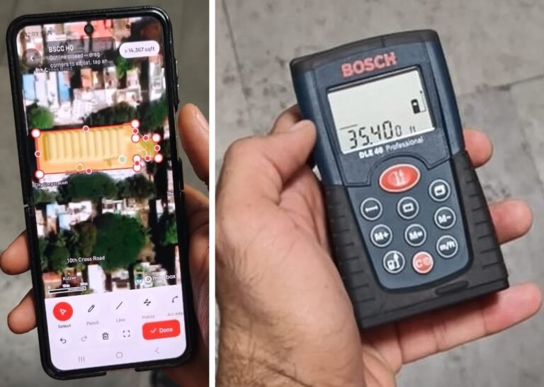 Side-by-side close-ups of a mobile property-mapping screen and a handheld laser distance meter