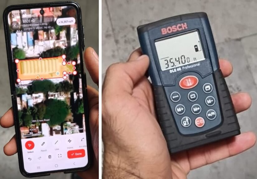 Side-by-side close-ups of a mobile property-mapping screen and a handheld laser distance meter
