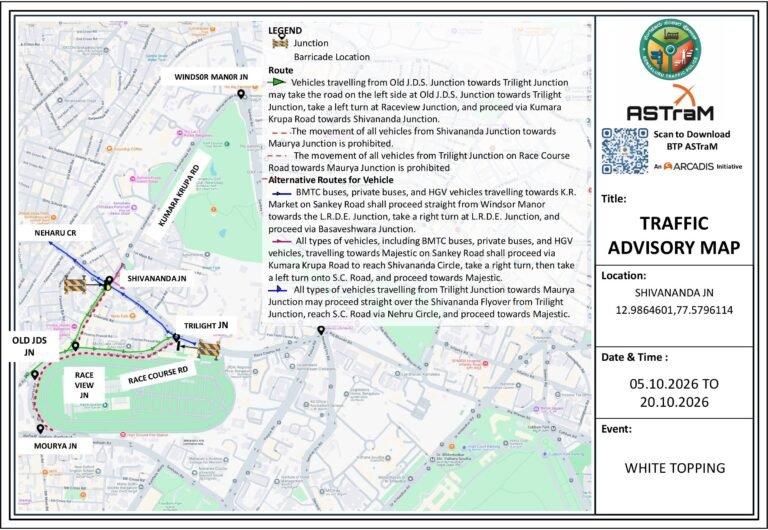 Official Race Course Road diversion map showing Maurya, Shivananda, Trilight and Raceview junctions