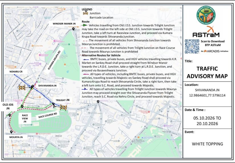 Official Race Course Road diversion map showing Maurya, Shivananda, Trilight and Raceview junctions