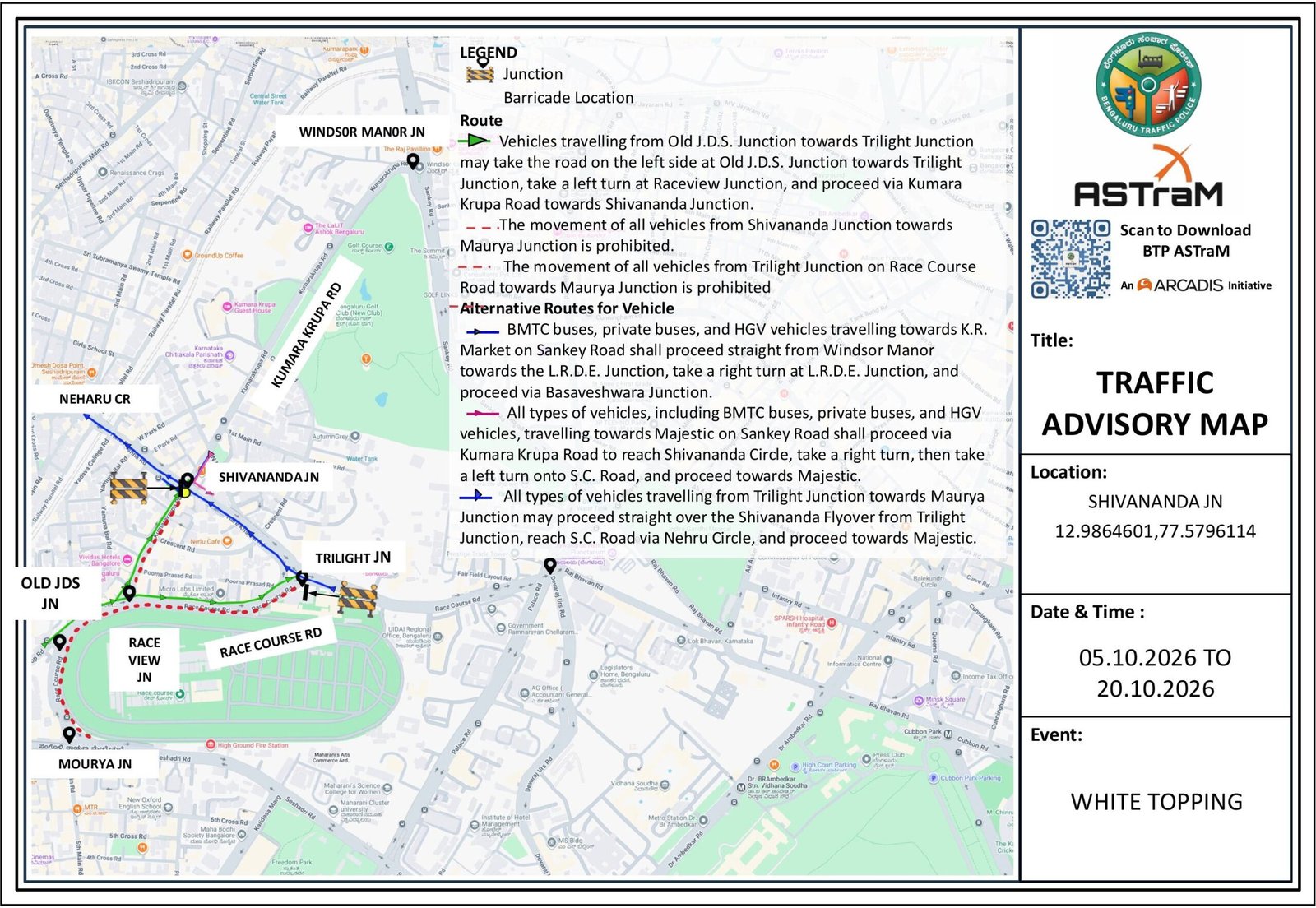 Official Race Course Road diversion map showing Maurya, Shivananda, Trilight and Raceview junctions