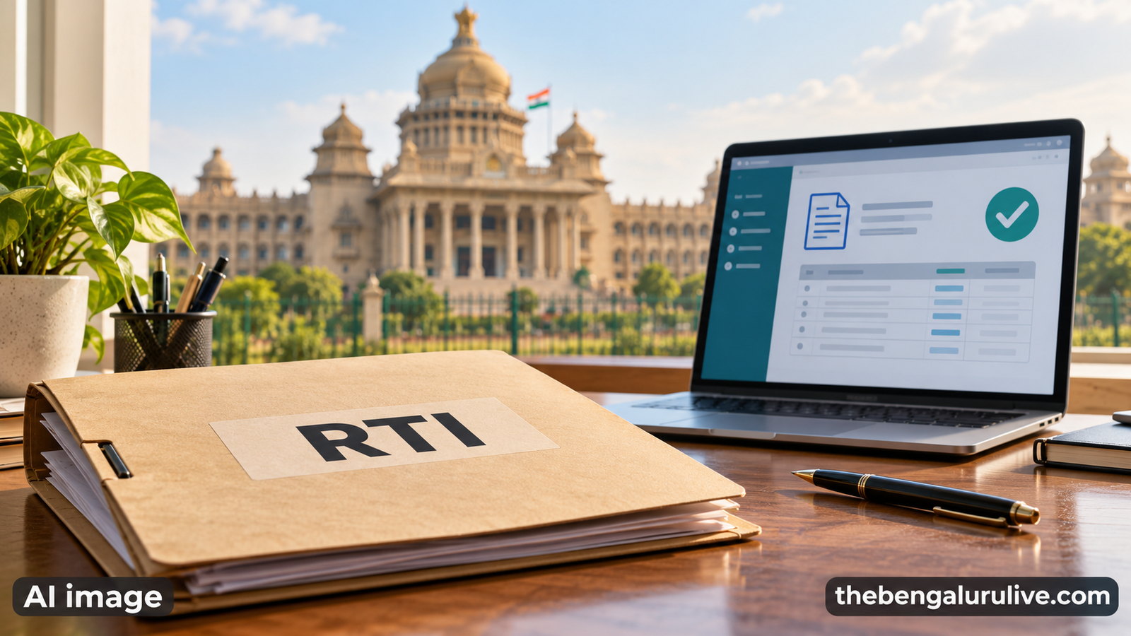 AI-generated representation of an RTI file and online registration beside Vidhana Soudha, labelled AI image and thebengalurulive.com