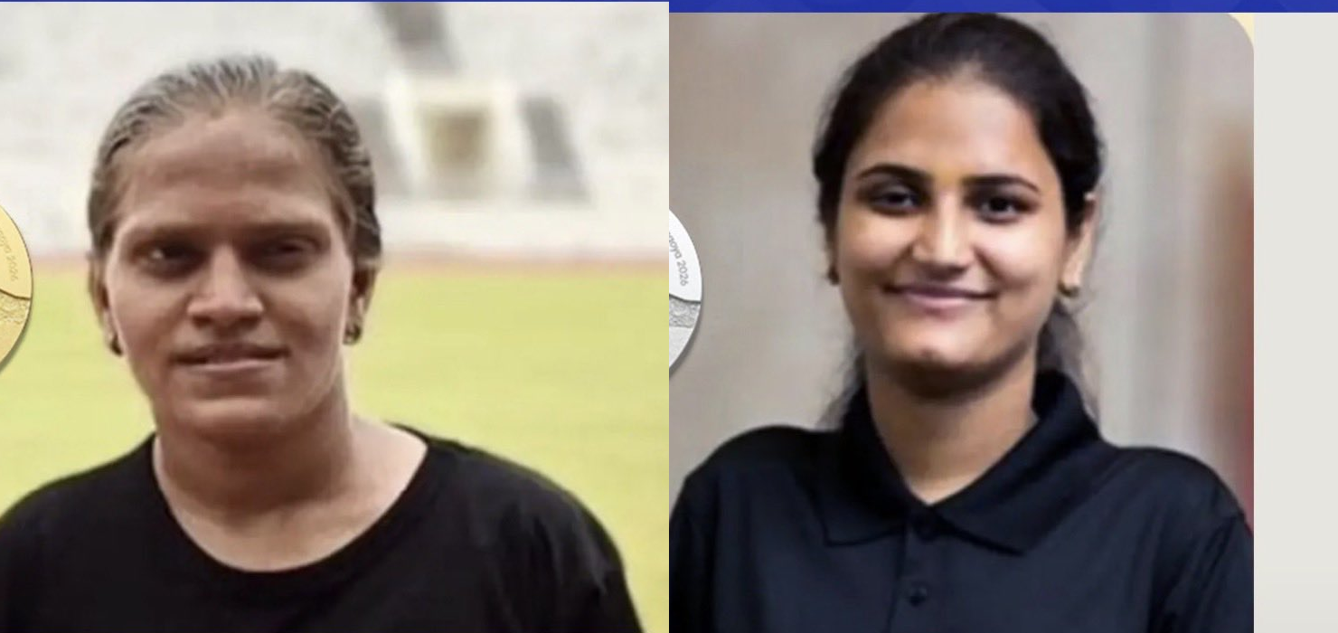 Soumya on the left and Radha Venkatesh on the right, in portraits cropped from the source medal graphics