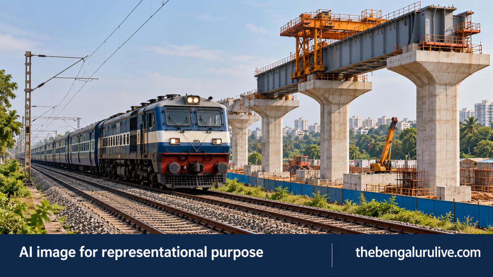 AI-generated representational image of a passenger train beside girder construction, labelled thebengalurulive.com