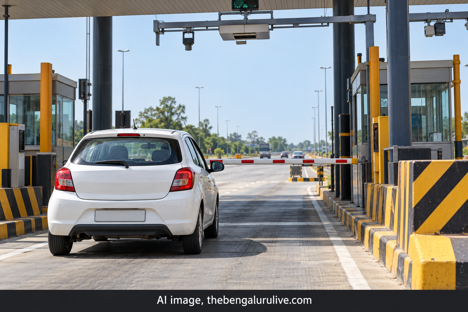 AI-generated representational image of a private car at a highway toll plaza.