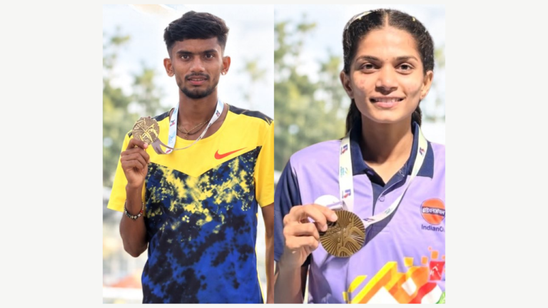 Gaurav Bhosale and Prachi Devkar holding medals; original source photo crops preserved in a landscape frame